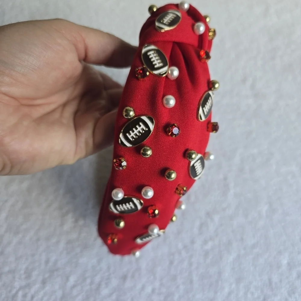 Red Beaded Headband with Football Accents
